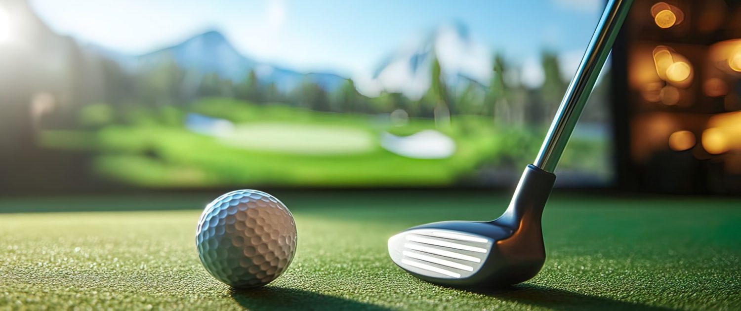 Golf ball and club on mat in front of screen showing virtual golf course