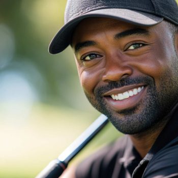 Smiling golfer holding golf club